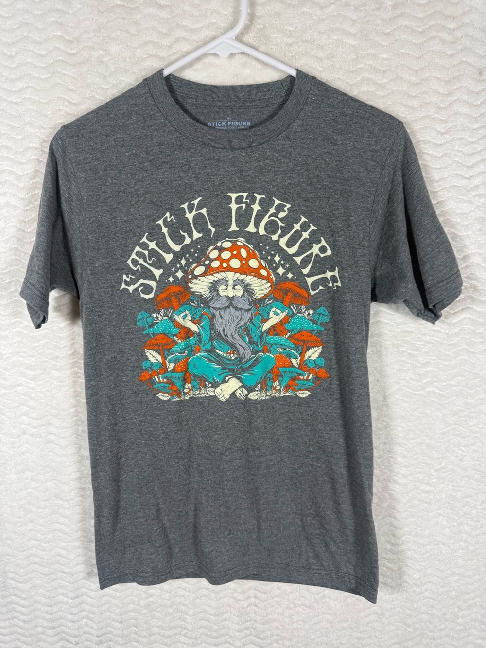Gray Graphic T-Shirt with Orange & Teal Mushroom Design Stick Figure